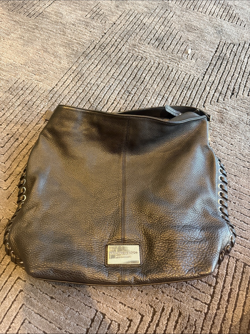 Marc New York Andrew Marc Black Pebbled Leather Hobo with Chain-Trim Sides